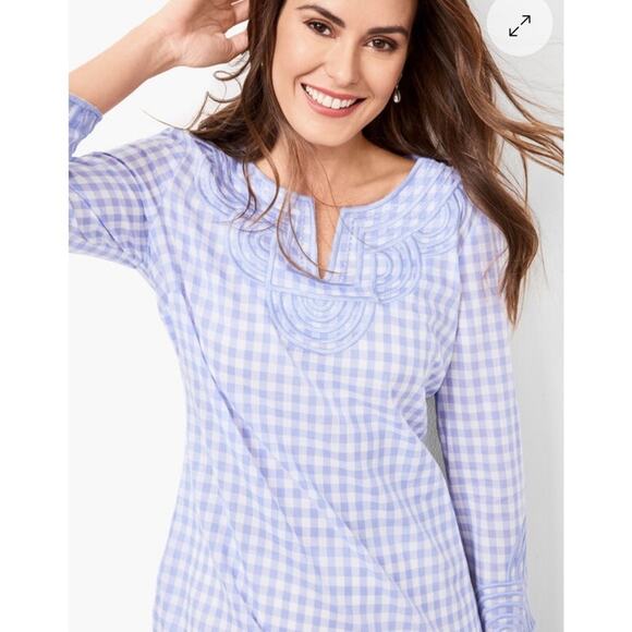 Talbots Popover Top Gingham Plaid Women’s Periwinkle Embroidered Boho Size SP - Picture 2 of 6